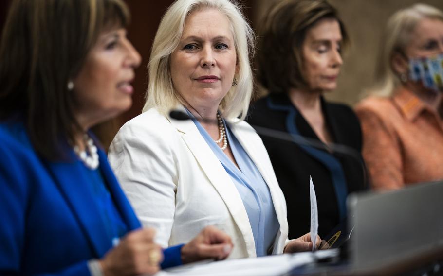 Rep. Jackie Speier, D-Calif., from left, and Sen. Kirsten Gillibrand, D-N.Y., join House Speaker Nancy Pelosi, D-Calif., and Rep. Sylvia Garcia, D-Texas, at a news conference to introduce the Vanessa Guillen Military Justice Improvement and Increasing Prevention Act on Capitol Hill on June 23. Guillen was killed by a fellow soldier in 2020. 