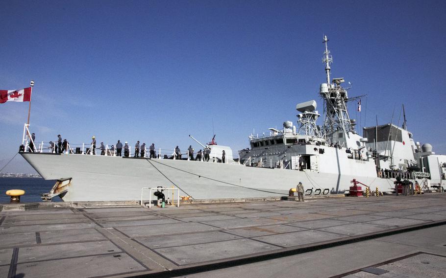 The Royal Canadian Navy frigate HMCS Winnipeg docks at White Beach Naval Facility, Okinawa, Monday, Nov. 15, 2021.