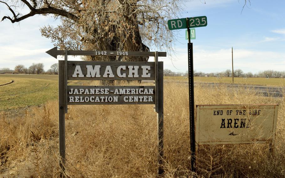 FILE - A sign stands at the entrance to Camp Amache, on Jan. 18, 2015, the site of a former World War II-era Japanese-American internment camp, in Granada, Colo. 