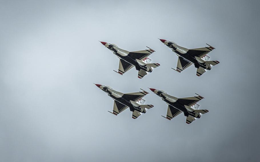 The U.S. Air Force Thunderbirds roar overhead at Falcon Stadium in Colorado Springs, Colo., June 1, 2023, following the graduation ceremony at the U.S. Air Force Academy. 