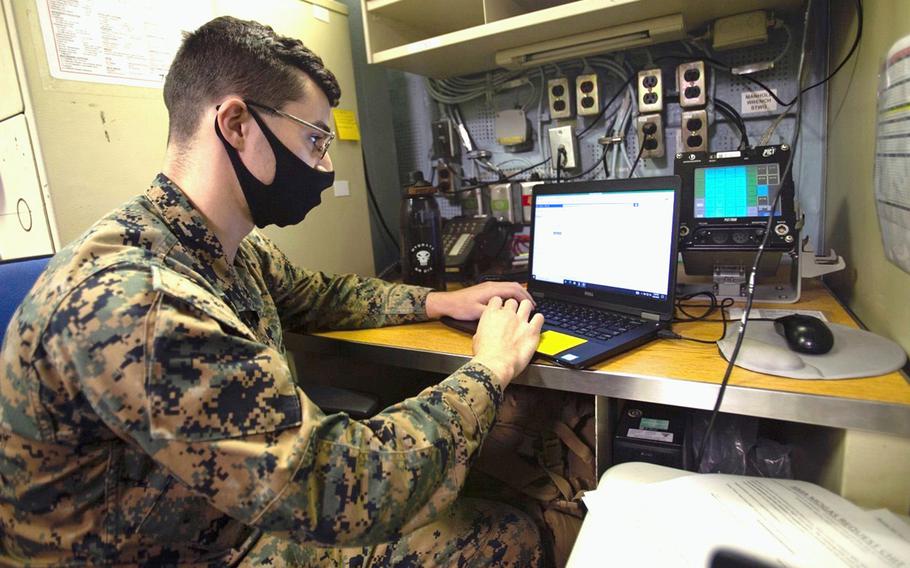 Marine Corps Sgt. Joshua Martinez, who has autism, works aboard the amphibious assault ship USS America, Aug. 22, 2021. 