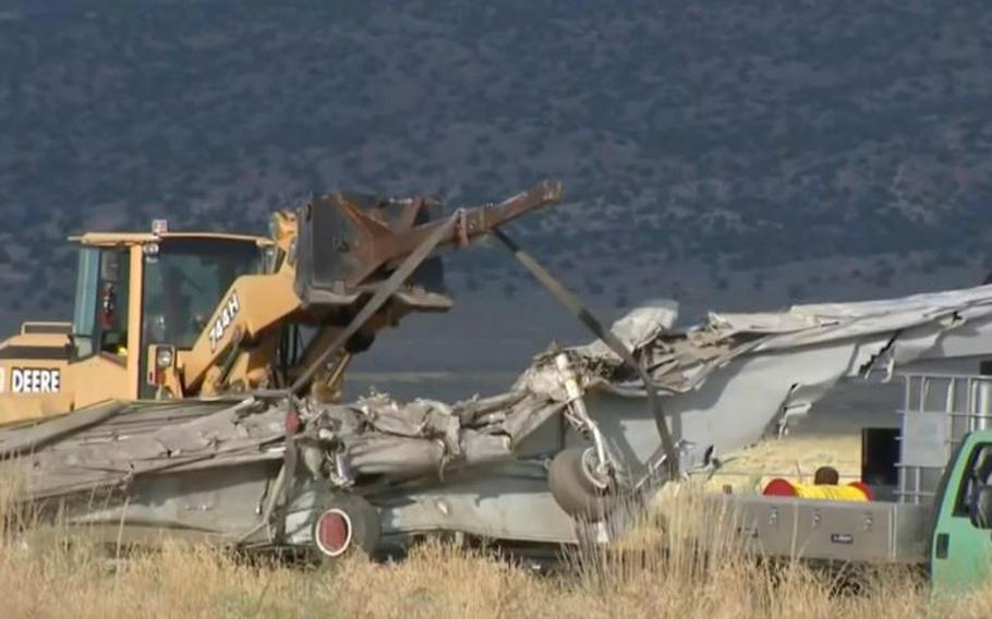 Wreckage from a crash that killed two pilots on Sept. 17, 2023, during the National Championship Air Races in Reno, Nev.
