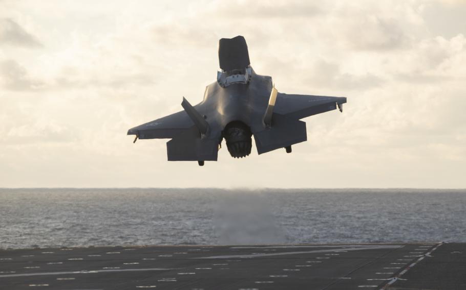 An F-35B Lightning II aircraft assigned to Marine Strike Fighter Squadron (VMFA) 121 launches from the flight deck aboard amphibious assault carrier USS Tripoli (LHA 7), July 1, 2022. 