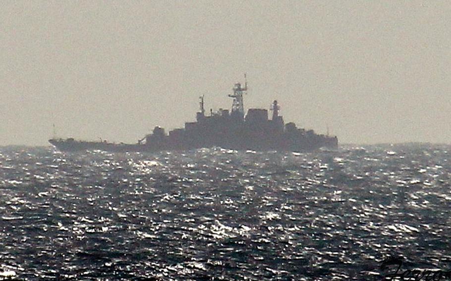 A Russian navy amphibious ship heads east through the Strait of Gibraltar, Jan. 27, 2022, on its way to the Black Sea.
