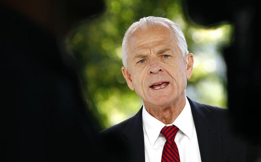 Then-White House trade adviser Peter Navarro speaks outside the White House on June 8, 2020, in Washington. 