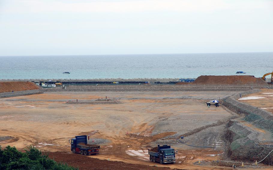 Construction work continues on a Marine Corps runway at Camp Schwab, Okinawa, June 22, 2023.