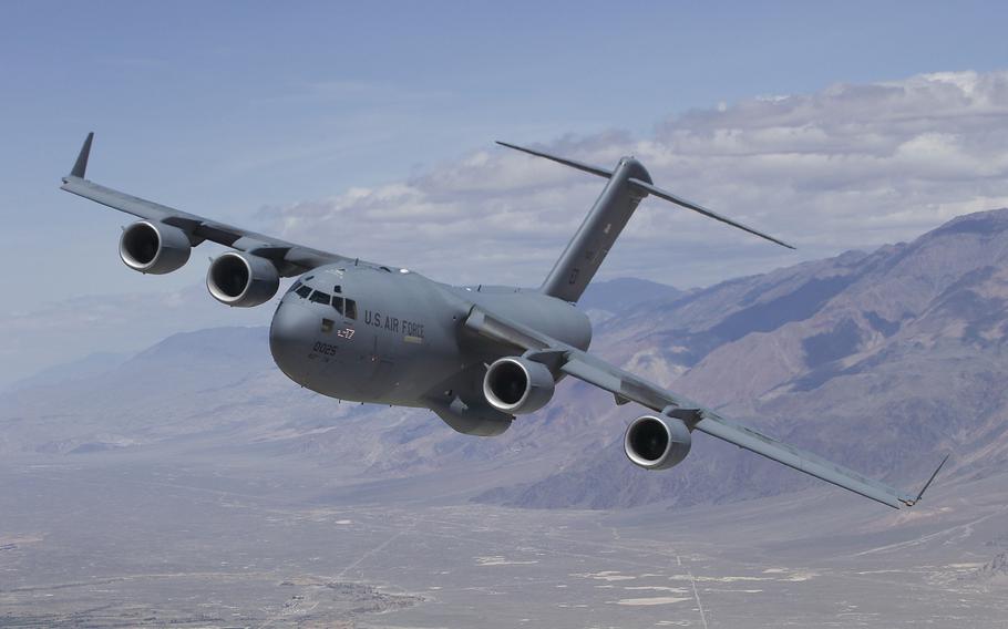 The C-17 Globemaster III T-1 flies over Owens Valley, Calif., for a test sortie. Three C-17 Globemaster III aircraft recently flew over the Modesto and Turlock areas in California during a routine training that will occur monthly, per a statement from the 60th Air Mobility Wing Public Affairs Office.