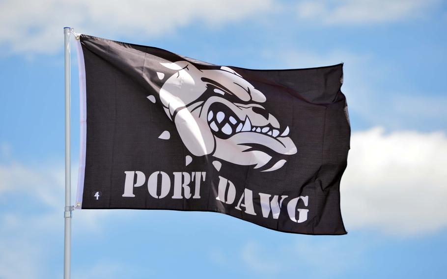The Port Dawg flag flies over Ramstein Air Base, Germany, July 6, 2022, during the Port Dawg Rodeo hosted by the 521st Air Mobility Operations Wing.