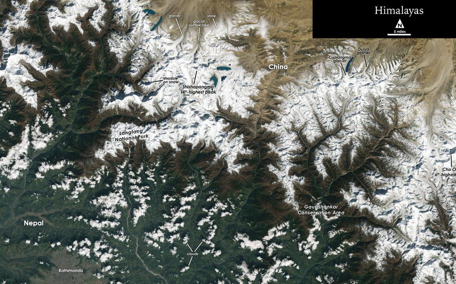 The Landsat 9 captured this image of the Himalayas on the border of China and Nepal. 
