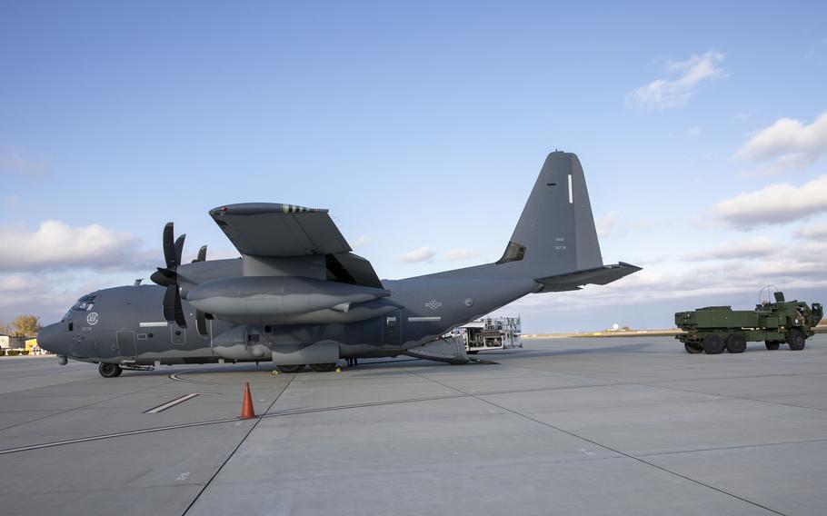 Soldiers assigned to 1st Battalion, 77th Field Artillery Regiment unload High-Mobility Artillery Rocket Systems, or HIMARS, from 352nd Special Operations Wing's U.S. Air Force MC-130J Commando II as part of exercise Rapid Falcon in Romania on Nov. 19, 2020.

U.S. Special Operations Command Europe