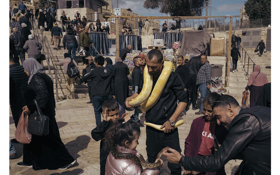 A snake charmer entertains children in front of the Old City's Damascus Gate after the Friday midday prayer on March 15, 2024.
