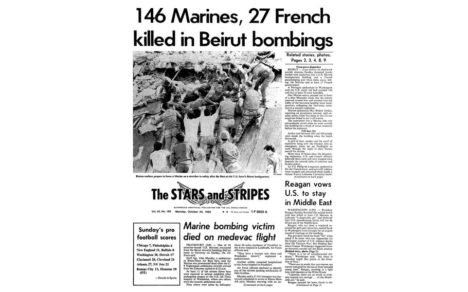 The front page of Stars and Stripes on Oct. 24, 1983, reporting on the bombing of the Marine barracks in Beirut, Lebanon.