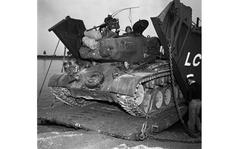 Dornheim, Germany, Operation Jupiter, September 29, 1951 - A tank emerges from a LTC 1283 landing craft after having crossed the Rhine river during Operation Jupiter. The three-day French directed war games have some 150,000 Allied troops - including 45,000 Americans of the Army's V Corps - enact a mass counterassault across the Rhine against "enemy" troops dug in on the east bank. 
META TAGS: Europe; U.S. Army; SHAPE; Supreme Headquarters Allied Powers; exercise; NATO; amphibious