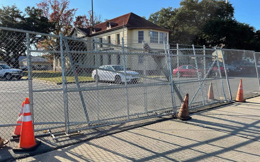 The steel posts of a fence at Barksdale Air Force Base, La., were bent when scraped by the wing of a B-52 bomber being towed on Nov. 12, 2021.