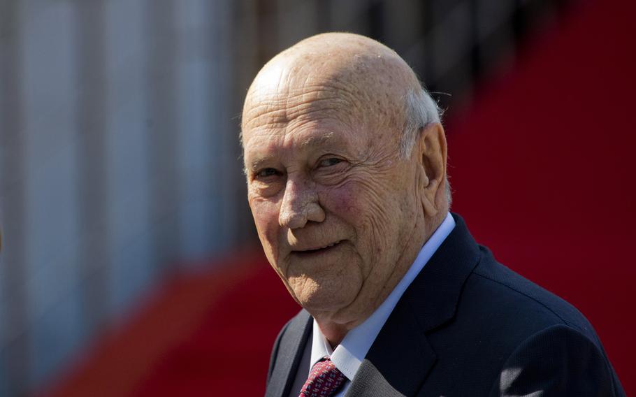 Former South African President F.W. de Klerk arrives for a ceremony in Pretoria, South Africa, on May 25, 2019. South Africa is engrossed in debate over the legacy of apartheid’s last president, de Klerk, who died at 85 and is to be buried Sunday, Nov 21, 2021.