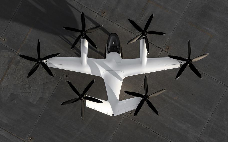 Joby Aviation’s pre-production prototype aircraft at the company’s flight test facility in Marina, Calif. 