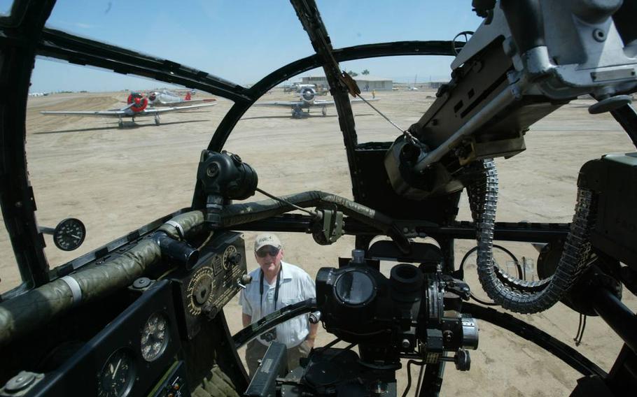 A 50-caliber machine gun and a navigators bomb site are housed in the nose of a B-25 Mitchell bomber