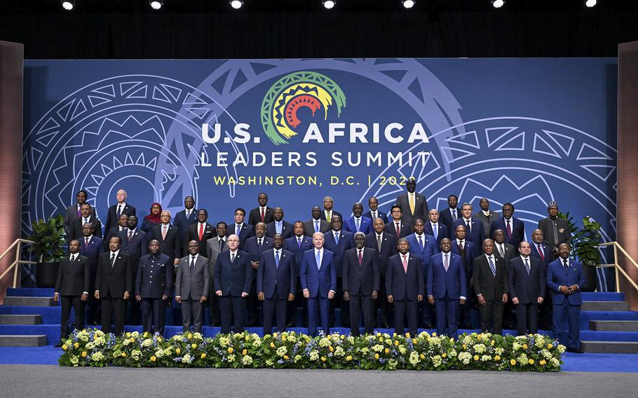 President Joe Biden stands in the center front row in a group photo during the U.S.-Africa Leaders Summit at the Walter E. Washington Convention Center in Washington, D.C. on Thursday, December 15, 2022.
