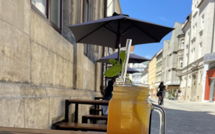 A refreshing mango lemonade outside of Burgerheart on June 3, 2021 in Regensburg, Germany. 