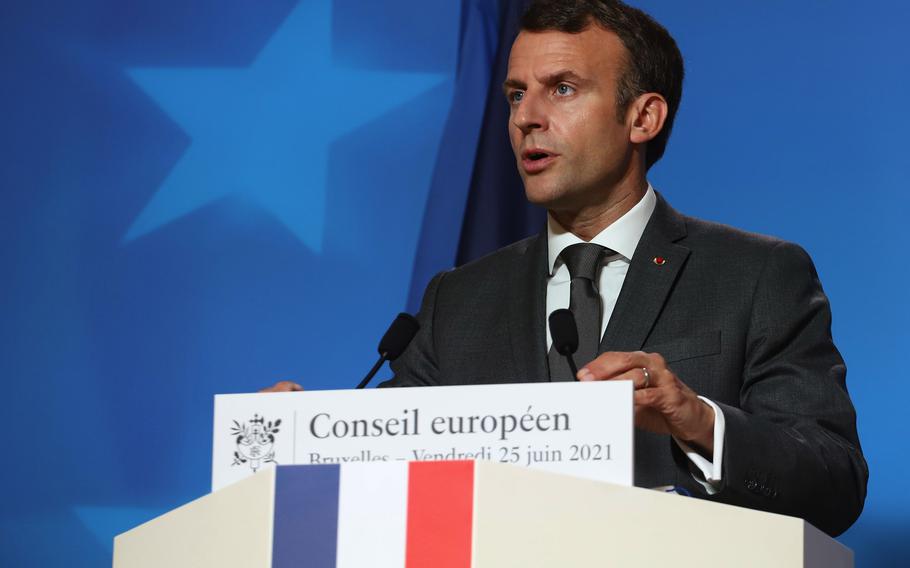 Emmanuel Macron, France’s president, speaks during a news conference in Brussels on June 25, 2021.