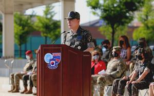 South Korean air force Gen. Won In Choul, the chairman of the Joint Chiefs of Staff, gives a farewell speech at U.S. Forces Korea headquarters at Camp Humphreys, South Korea, June 16, 2022.