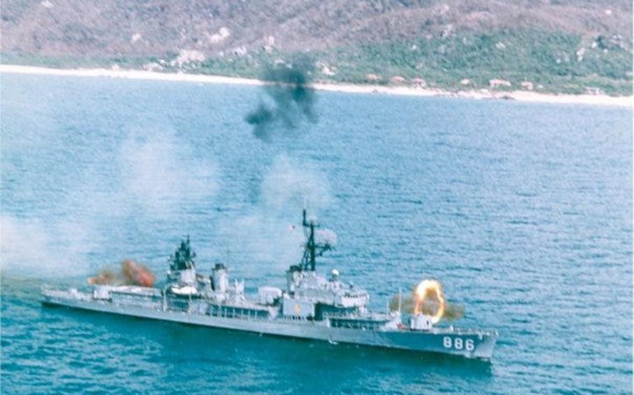 Gunfire comes from the USS Orleck during its time in service during the Vietnam War.