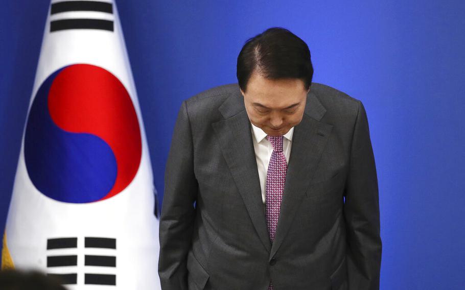 South Korean President Yoon Suk Yeol vows during a news conference to mark his first 100 days in office at the presidential office in Seoul, South Korea, on Aug. 17, 2022. 