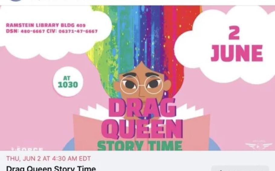 A screenshot of the Drag Queen Story Time on the Ramstein and Vogelweh Air Force Library’s Facebook page. The event was canceled and removed from the page. 