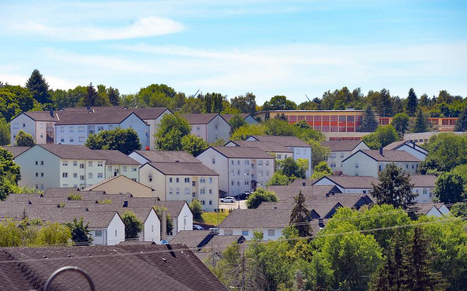 Baumholder American High School and some base housing is seen from downtown Baumholder, Germany, in July 2022. The military’s plan is to transform Baumholder into a new special operations hub.