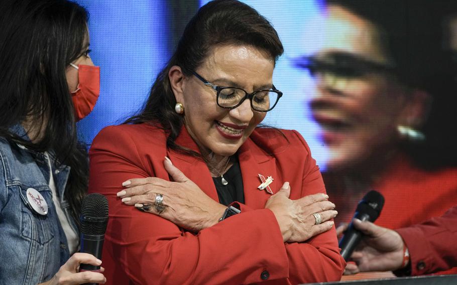 Free Party presidential candidate Xiomara Castro acknowledges her supporters after general elections, in Tegucigalpa, Honduras, Nov. 28, 2021. Castro announced on Tuesday, March 14, 2023, that Honduras under her administration is opening diplomatic relations with the People’s Republic of China. 