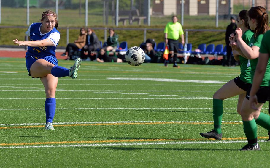 Sigonella’s Isabella Balleza scores with a rocket into the corner of the net in the Jaguars’ 4-2 win over Alconbury in the girls Division III finals at the DODEA-Europe soccer finals in Ramstein, Germany, May 18, 2023.