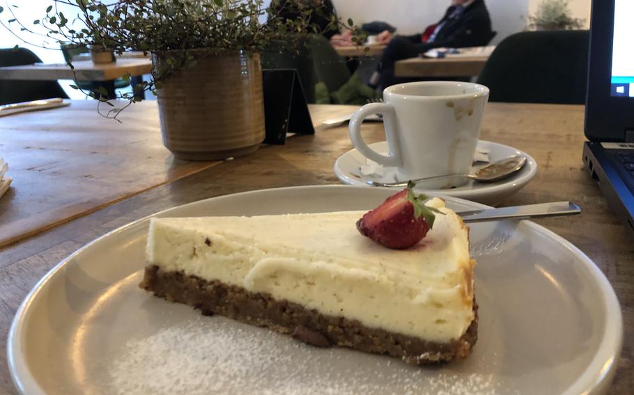 The selection of sweets at 9 to 5 Cafe and Brunch in Kaiserslautern includes homemade cakes made daily, like this delicious cheesecake.