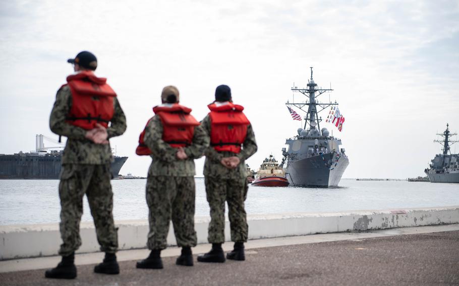 USS Carney arrives home Sunday, May 19, 2024, at Naval Station Mayport, Fla. 