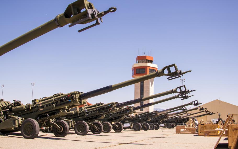 Marine Corps M777 towed 155 mm howitzers are staged on the flight line prior to being loaded onto an Air Force C-17 Globemaster III aircraft at March Air Reserve Base, Calif., on April 22, 2022. The howitzers are part of U.S. efforts alongside allies and partners to identify and provide Ukraine with weapons.