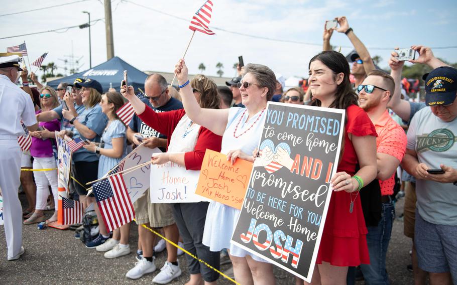 Family and friends of sailors assigned to USS Carney (DDG 64) prepare to reunite with their loved ones during the ship’s homecoming at on Sunday, May 19, 2024, Naval Station Mayport, Fla.