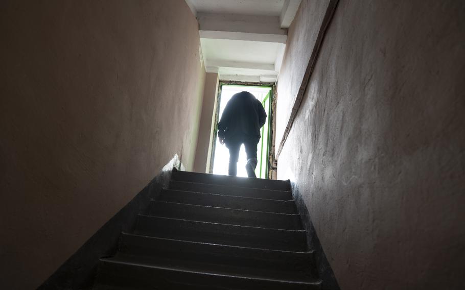 A man walks out of a bunker in Kyiv on Feb. 2, 2022, as residents of Ukraine’s capital begin to prepare for a possible Russian invasion. 