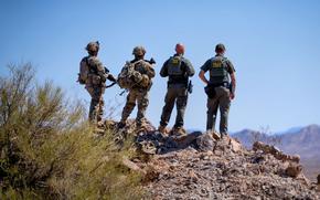Two soldiers in combat gear and two federal agents in uniform, seen from behind, stand on a rocky hill overlooking a desert valley.