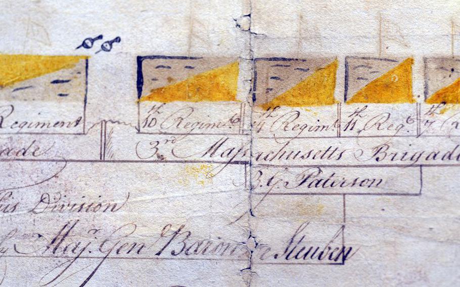 A detail of the Revolutionary War battle plan drawn by Westfield’s Major Moses Ashley and now in the collection of Historic Deerfield. 