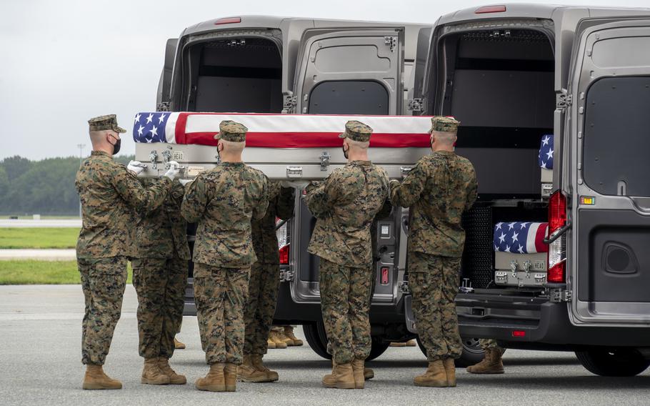 Marines transfer the remains of Lance Cpl. Kareem Nikoui of Norco, Calif., on Aug. 29, 2021, at Dover Air Force Base, Del. Nikoui, 20, was assigned to 2nd Battalion, 1st Marine Regiment, 1st Marine Division, I Marine Expeditionary Force at Camp Pendleton, Calif. Nikoui’s brother, Dakota Halverson, took his own life on Aug. 9, 2022, nearly a year after Nikoui died in a suicide bomber attack at the Kabul airport alongside 12 other U.S. troops. Halverson, 28, died near a memorial in Norco honoring Nikoui.