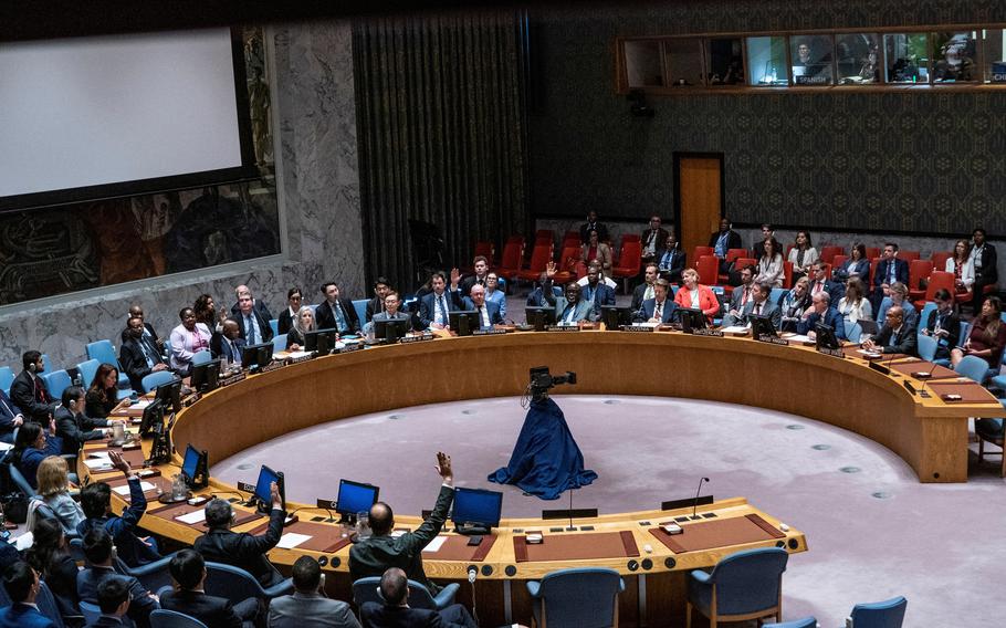 Members of the United Nations Security Council during a vote at U.N. headquarters in New York, May 20, 2024. 