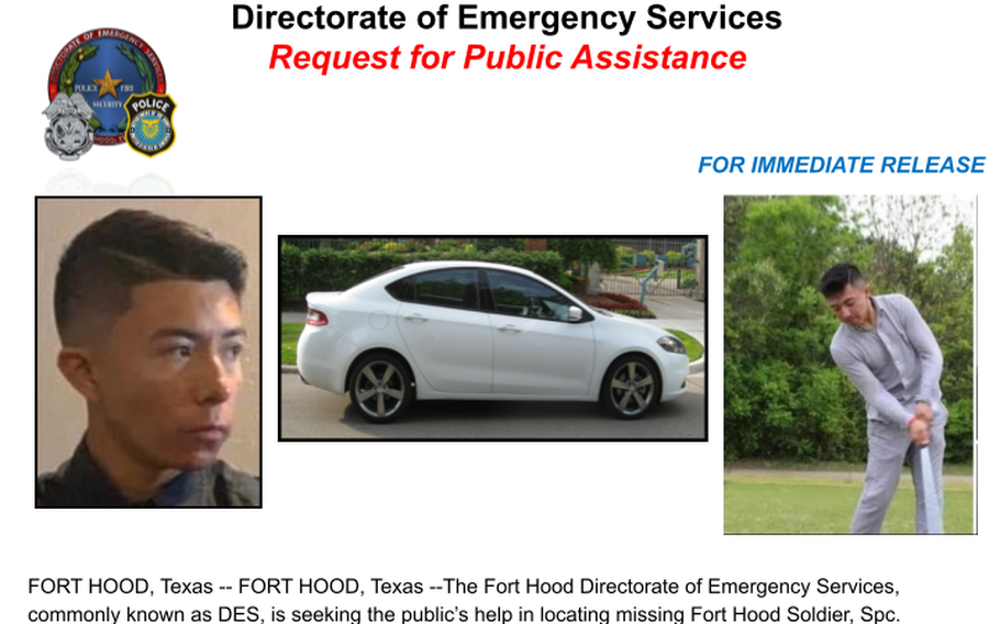 Spc. Abram Salas II was last seen Wednesday at Fort Hood, Texas, and is believed to be in the San Antonio area. Officials at the base are asking anyone with information on his whereabouts to contact Fort Hood military police at 254-288-1170.