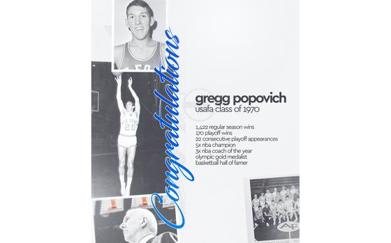 A vertical graphic showing several images of Gregg Popovich from youth to his current age, with some quick text outlining his career achievements.