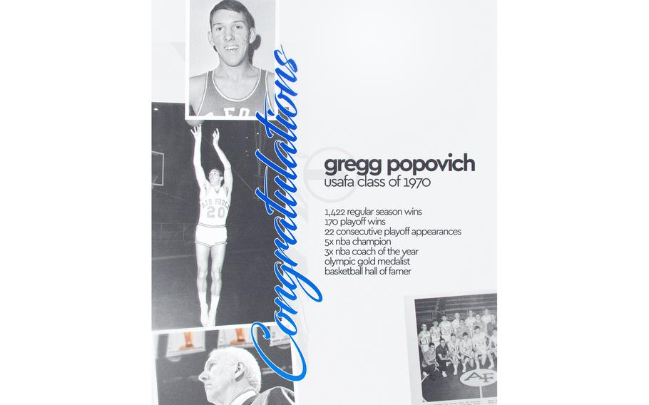 A vertical graphic showing several images of Gregg Popovich from youth to his current age, with some quick text outlining his career achievements.