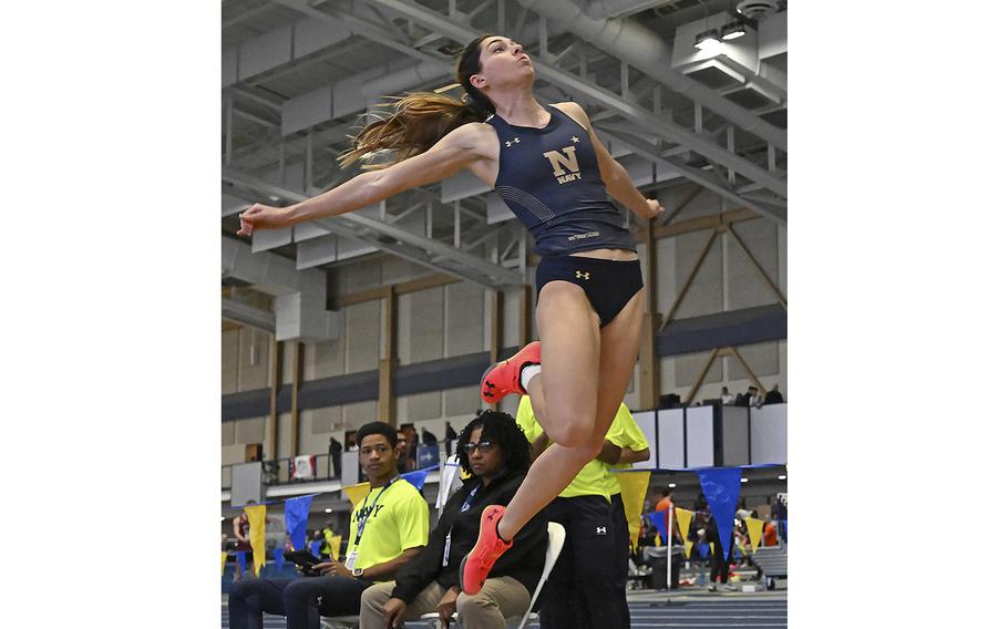 Navy senior Molly Chapman flew 19’- 3 1/4” to win the Long Jump, and Navy scored 89 points to take a commanding lead on the first day of the Patriot League Indoor Championship held at the U.S. Naval Academy in late February in Annapolis, Md.