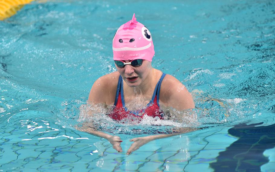 Lisbon Bullshark Taitum Kritzinger swims the breaststroke in the 15-to-16-year-old girls 200-meter individual medley during the European Forces Swim League Short-Distance Championships on Feb. 11, 2024, at the Pieter van den Hoogenband Zwemstadion at the Nationaal Zwemcentrum de Tongelreep in Eindhoven, Netherlands.