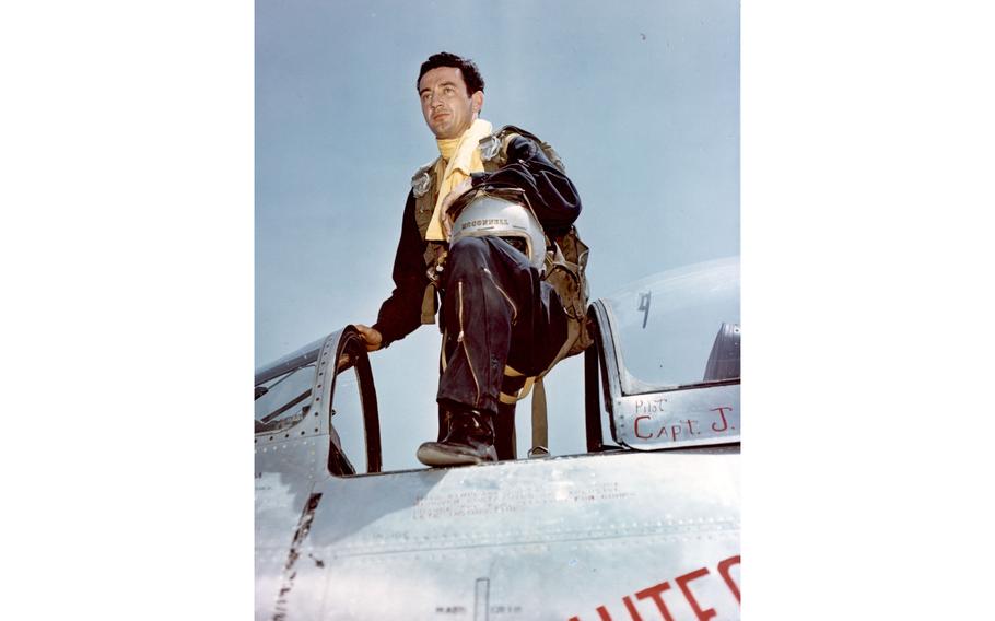 Capt. Joseph McConnell, Jr., Mohawk Road, Apple Valley, Calif., pilot of the 51st Fighter Interceptor Wing, who became the 27th jet ace of the Korean Conflict on March 9, 1953, is shown leaving the cockpit of his sleek F-86 "Sabre" jet.