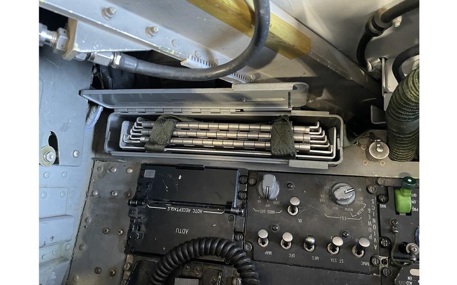 A prototype collapsible ladder for the F-16 Viper is stored in the cockpit map case. The idea for the ladder came from Maj. Nicholas Atkins, an F-16 pilot at Aviano Air Base in Italy. 