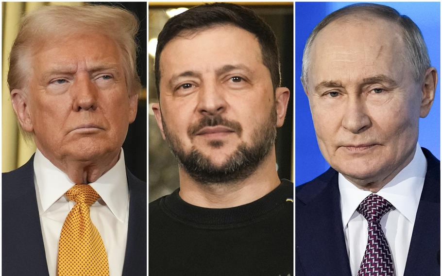 Side-by-side portraits of Donald Trump, Volodymyr Zelenskyy and Vladimir Putin.