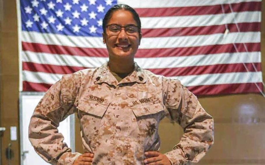 Marine Sgt. Johanny Rosario Pichardo, who was killed along with 12 other service members during the Afghanistan withdrawal in August 2021, was honored at a service at Salem State University in Massachusetts on Monday, July 11, 2022.