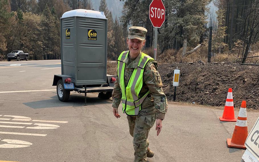 Pfc. Secily Chapman, 22, was inspired to enlist in the California National Guard after her family lost their home in Paradise, Calif., to a wildfire in 2018. This month, she deployed on her first Guard mission to Greenville, where the majority of the town was leveled by the Dixie Fire.